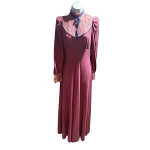 Original Vtg Jody California Cottagecore 1970s Mauve Prairie Boho Maxi Dress